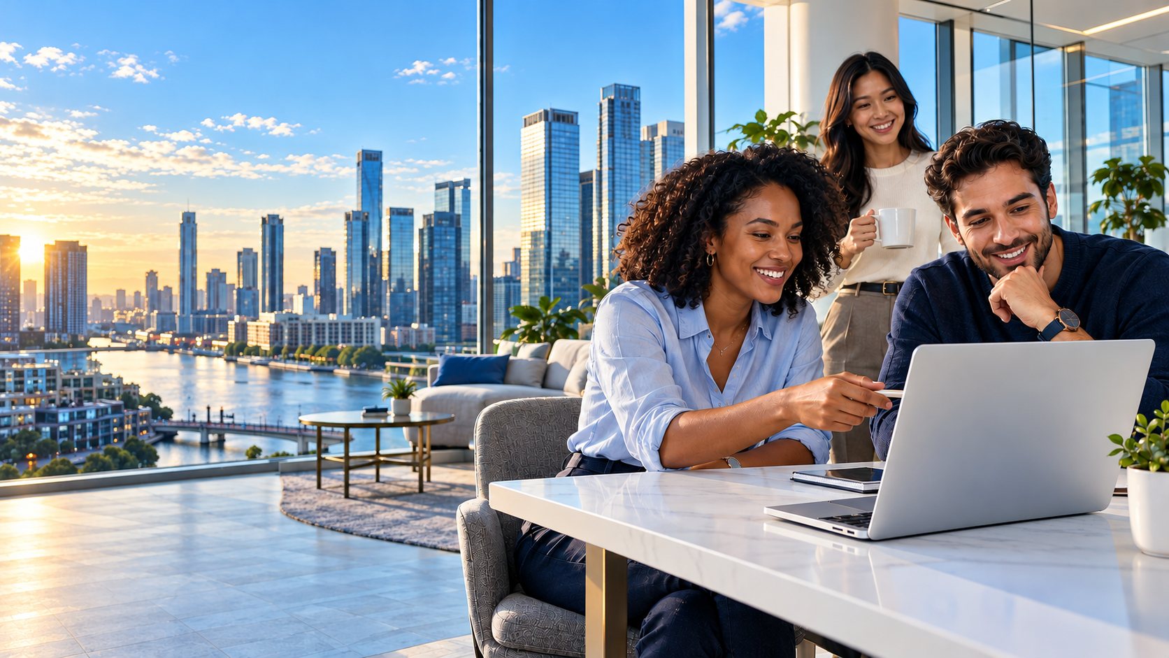 Three colleagues smiling at a laptop in a bright office overlooking a city skyline
